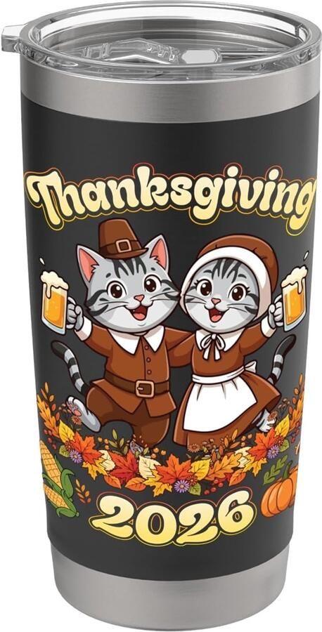 Haarkattenpaar drinkt bier Thanksgiving 2026 dubbelwandige thermobeker