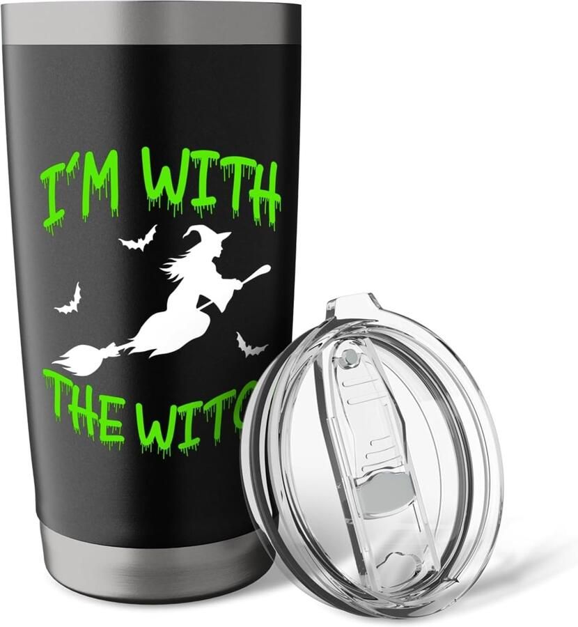 Halloween-besen met tekst I'm with the Witch Thermosbeker dubbelwandig