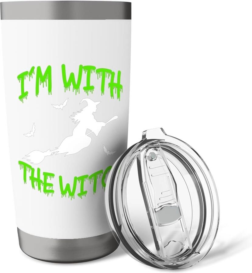 Halloween bezemsteel met tekst I'm with the Witch Thermobeker