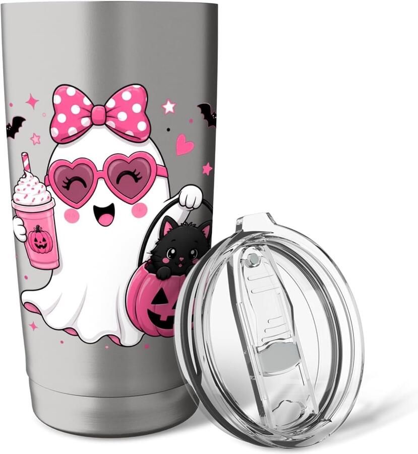 Halloween geest met roze strik zwarte kat pompoen en koffie thermosbeker