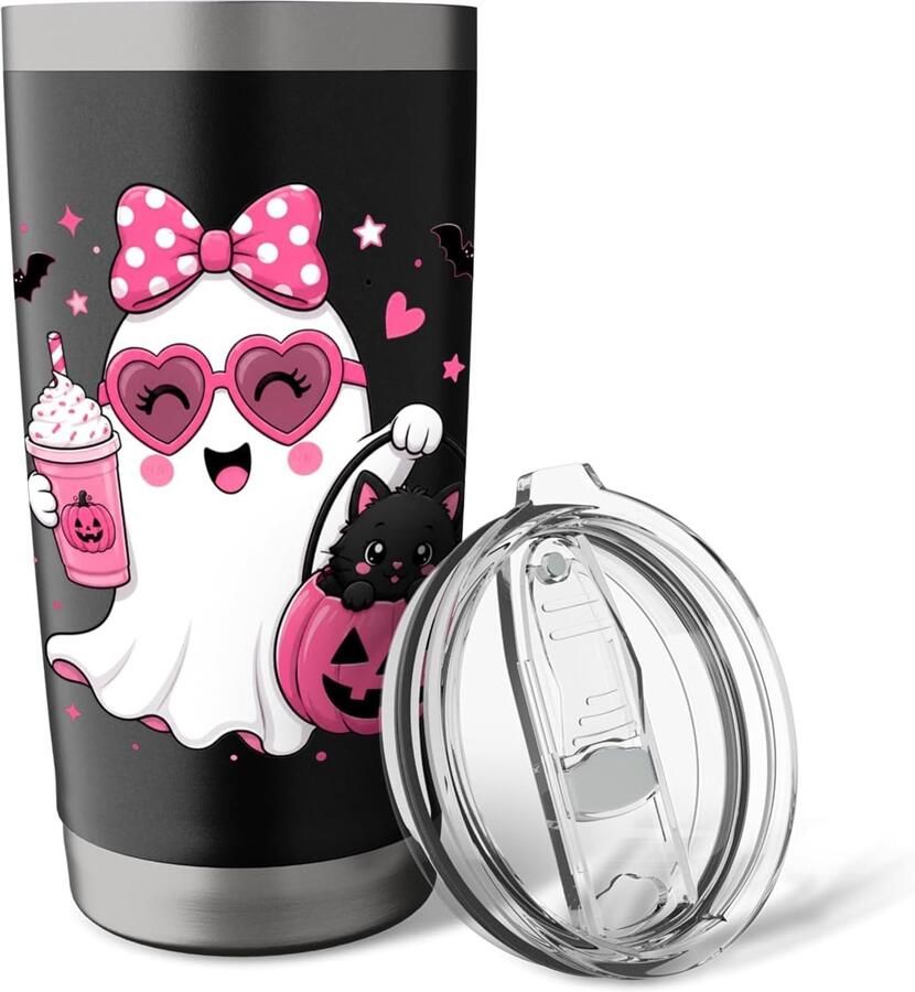 Halloween geest met roze strik zwarte kat pompoen en koffie thermosbeker