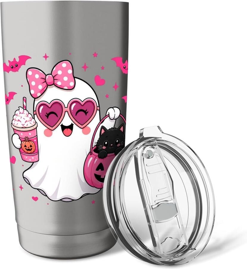 Halloween geest met roze strik zwarte kat pompoen en koffie thermosbeker
