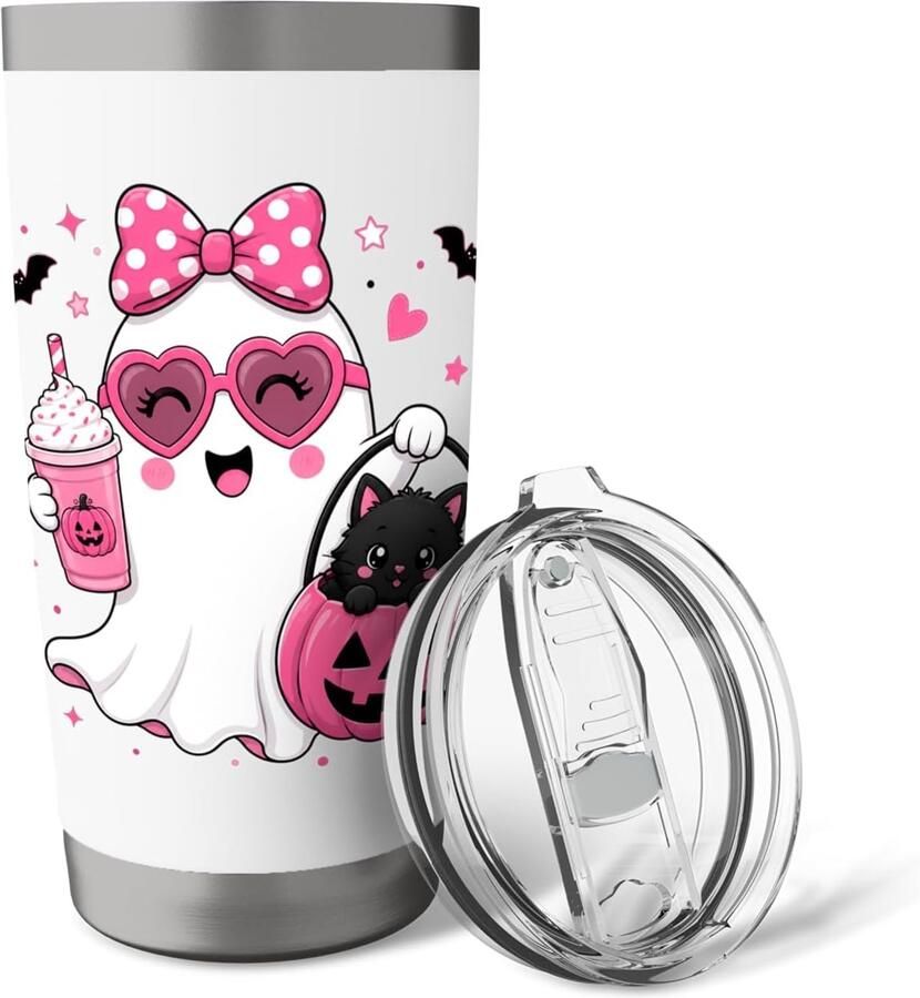 Halloween geest met roze strik zwarte kat pompoen en koffiebeker met dubbele wand
