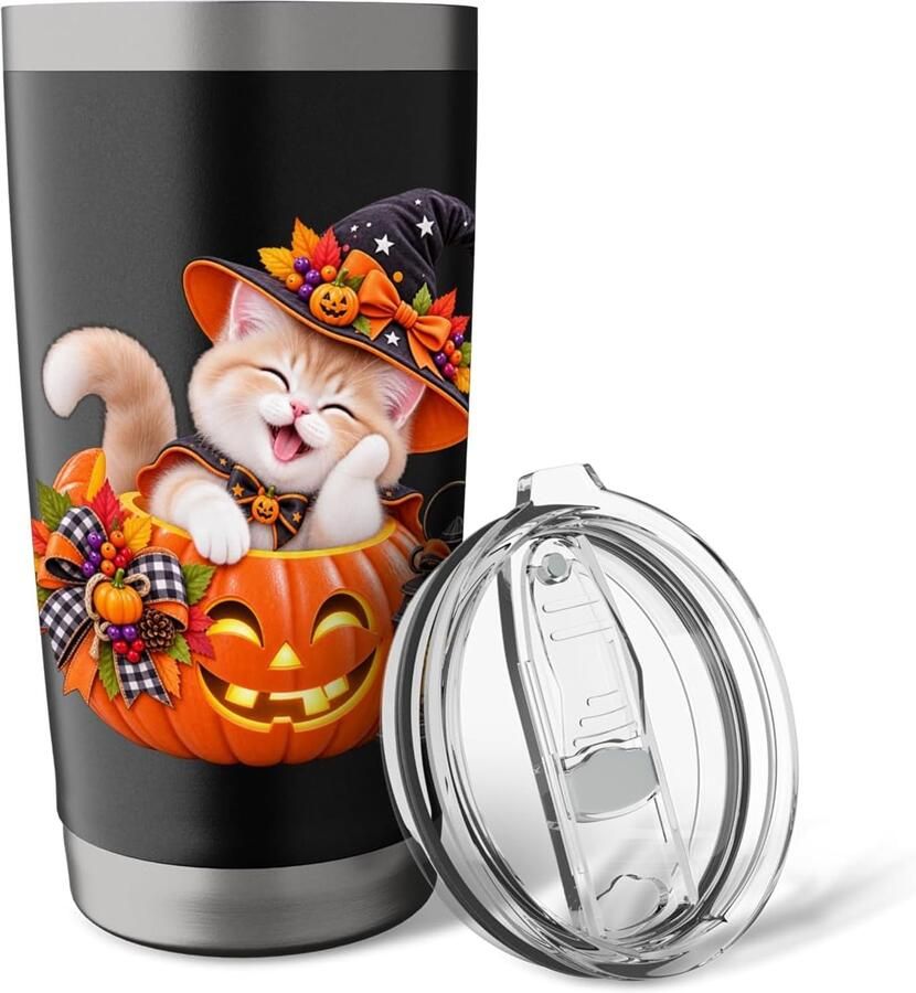 Halloween kat met heksenhoed en pompoen