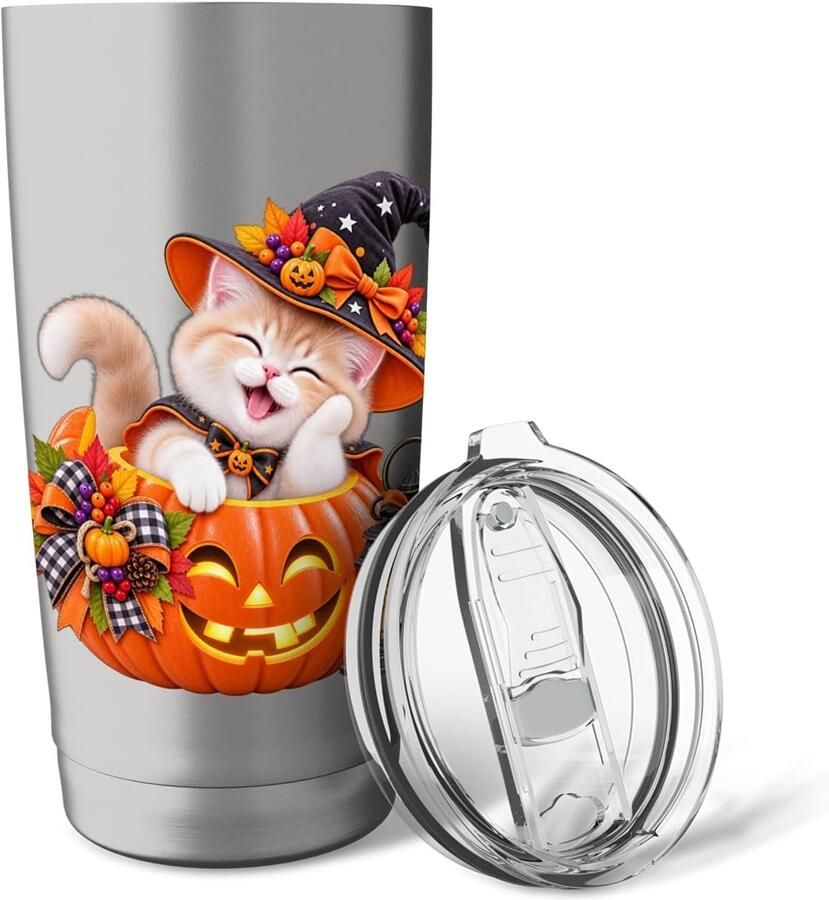 Halloween kat met heksenhoed en pompoen
