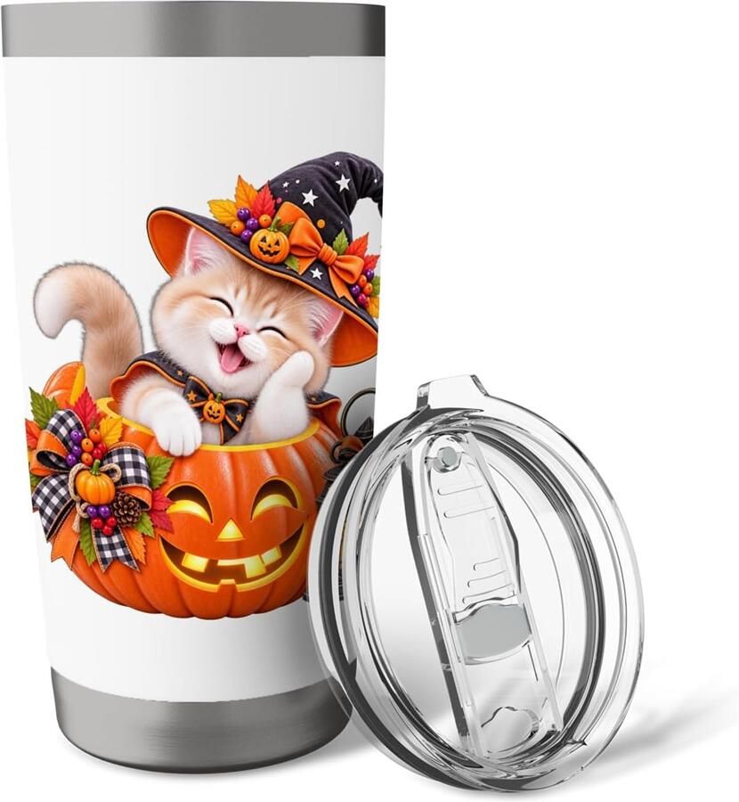 Halloween kat met heksenhoed en pompoen