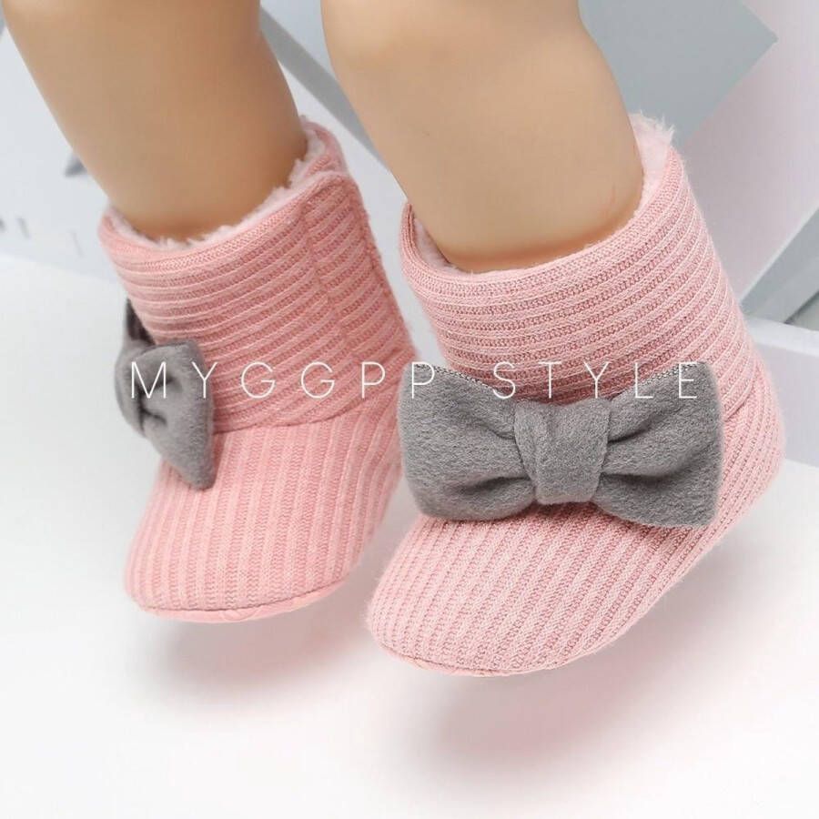 Happy Alpaca Babyslofjes Baby Slofjes Meisjes Roze Met Grijs Strikje 6-12 maanden