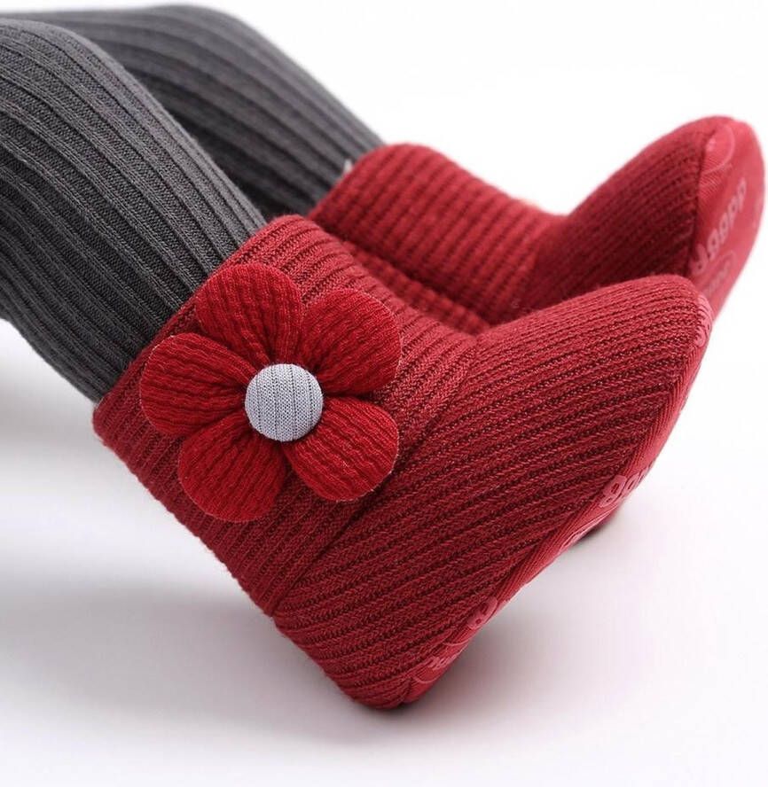 Happy Alpaca Babyslofjes Baby Slofjes Rood Met Bloempje 12-15 maanden