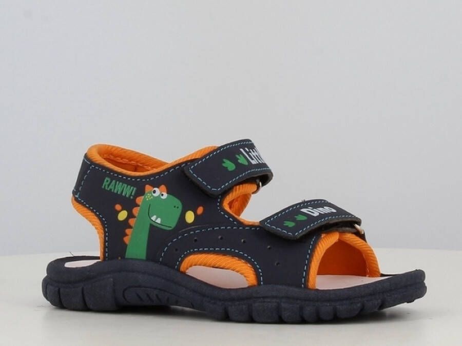 Happy Bee jongens sandaal met dinosaurus fantasie marine en oranje dubbel klittenband voor perfecte aansluiting
