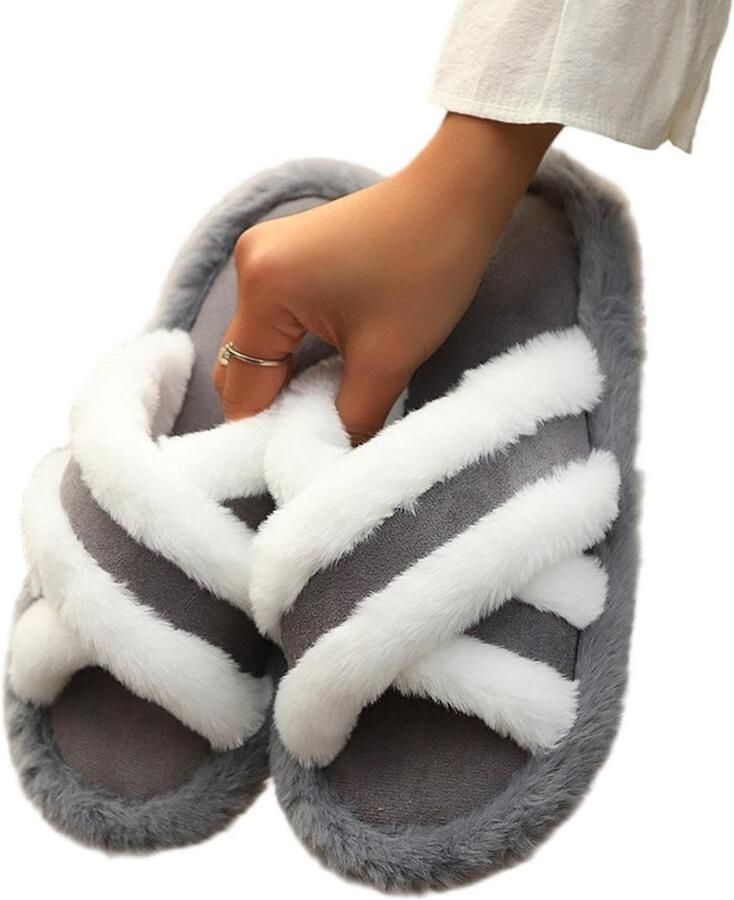 Harige pantoffels Maat L: 40–41 Zoollengte: Lengte binnenzool: Ontwerp met gekruiste banden Warme pantoffels Casual pantoffels Damespantoffels Comfortabele pantoffels Ideaal voor thuisgebruik tijdens de winter