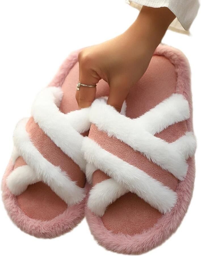 Harige pantoffels Maat L: 40–41 Zoollengte: Lengte binnenzool: Ontwerp met gekruiste banden Warme pantoffels Casual pantoffels Damespantoffels Comfortabele pantoffels Ideaal voor thuisgebruik tijdens de winter