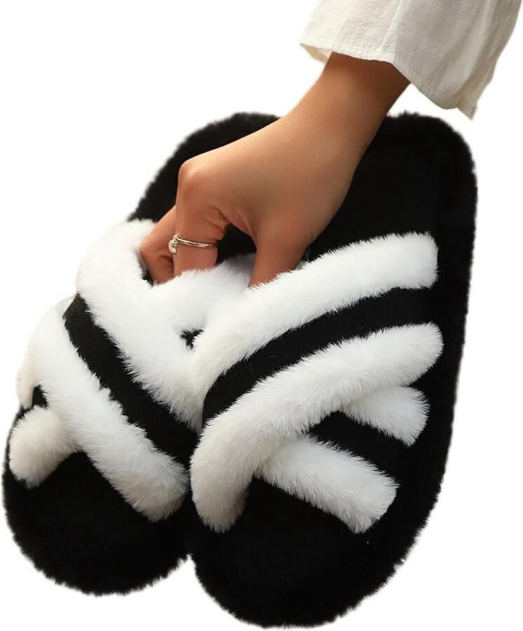 Harige pantoffels Maat L: 40–41 Zoollengte: Lengte binnenzool: Ontwerp met gekruiste banden Warme pantoffels Casual pantoffels Damespantoffels Comfortabele pantoffels Ideaal voor thuisgebruik tijdens de winter