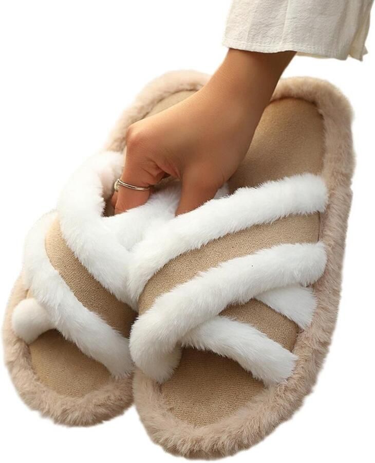 Harige pantoffels Maat M: 38–39 Zoollengte: Lengte binnenzool: Ontwerp met gekruiste banden Warme pantoffels Casual pantoffels Damespantoffels Comfortabele pantoffels Ideaal voor thuisgebruik tijdens de winter