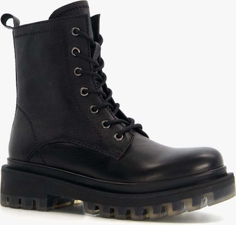 Harper leren dames veterboots met chunky zolen Zwart