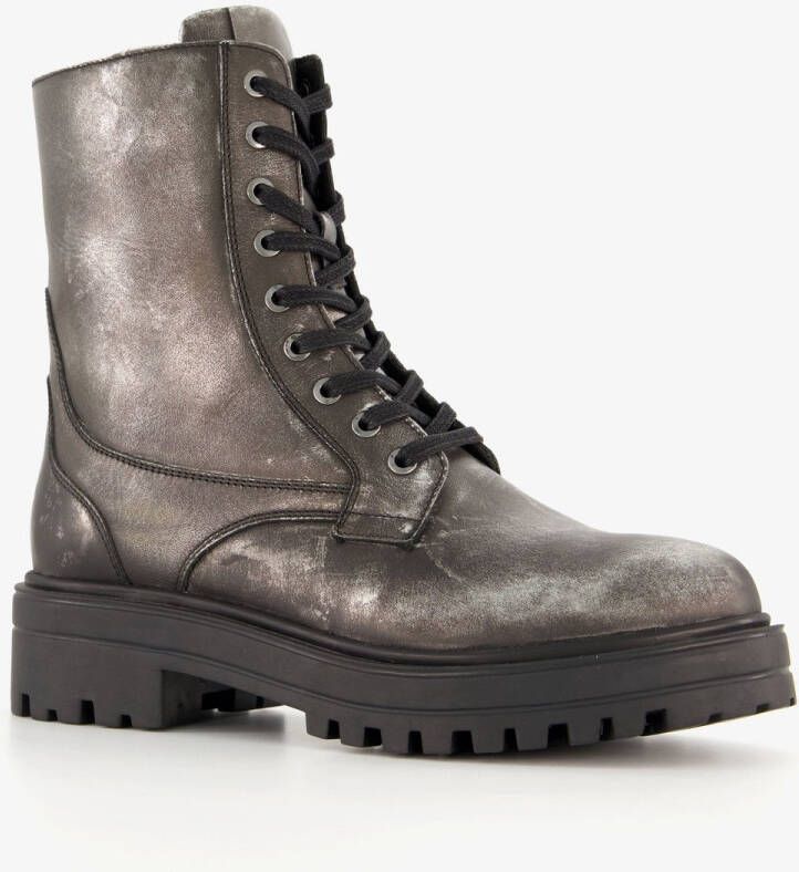 Harper leren dames veterboots metallic zilver