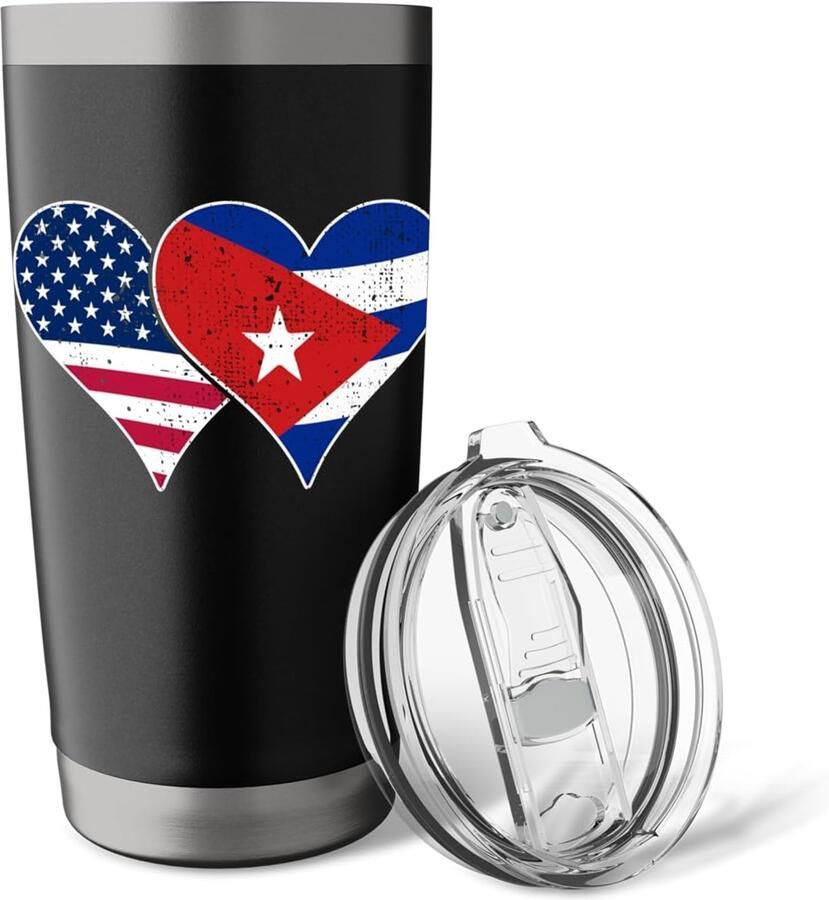 Hartjes vlaggen Cuba en Amerika dubbelwandige thermobeker