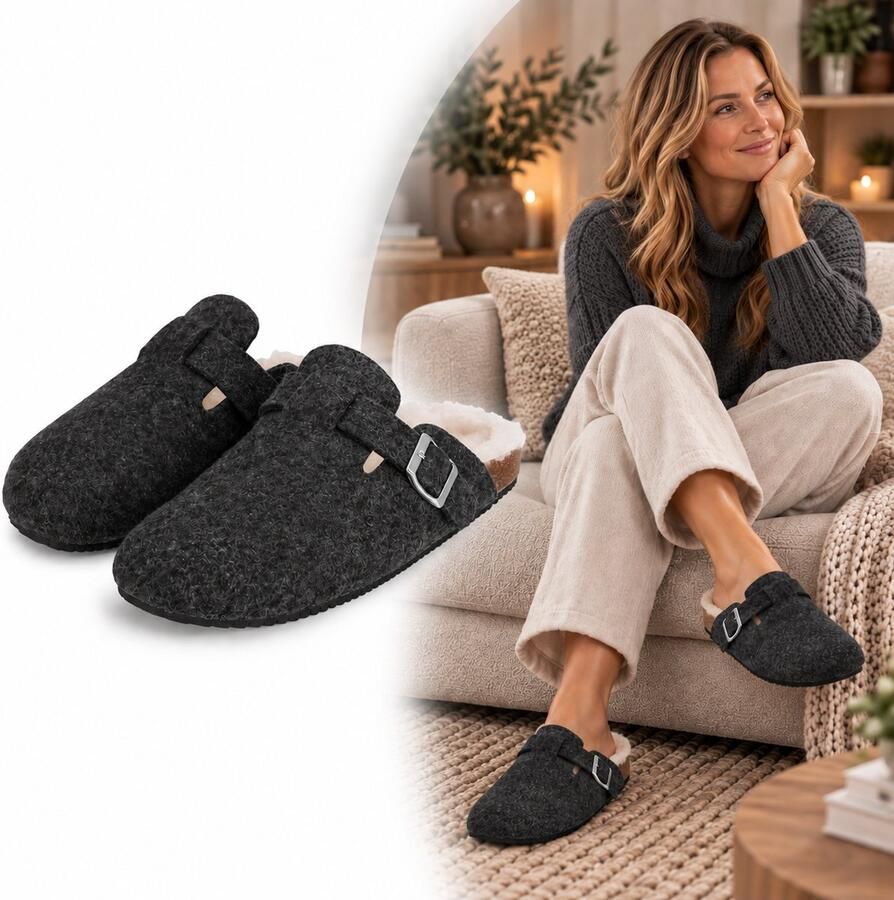 Heat Essentials Sloffen Dames Vilt Gesp Grijs 40 Pantoffels Dames -Instap Sloffen Dames Boston
