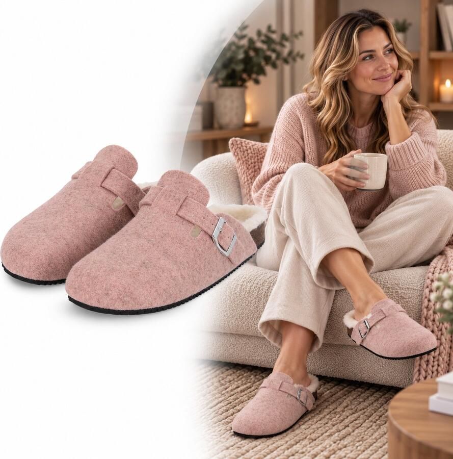 Heat Essentials Sloffen Dames Vilt Gesp Roze 40 Pantoffels Dames -Instap Sloffen Dames Boston