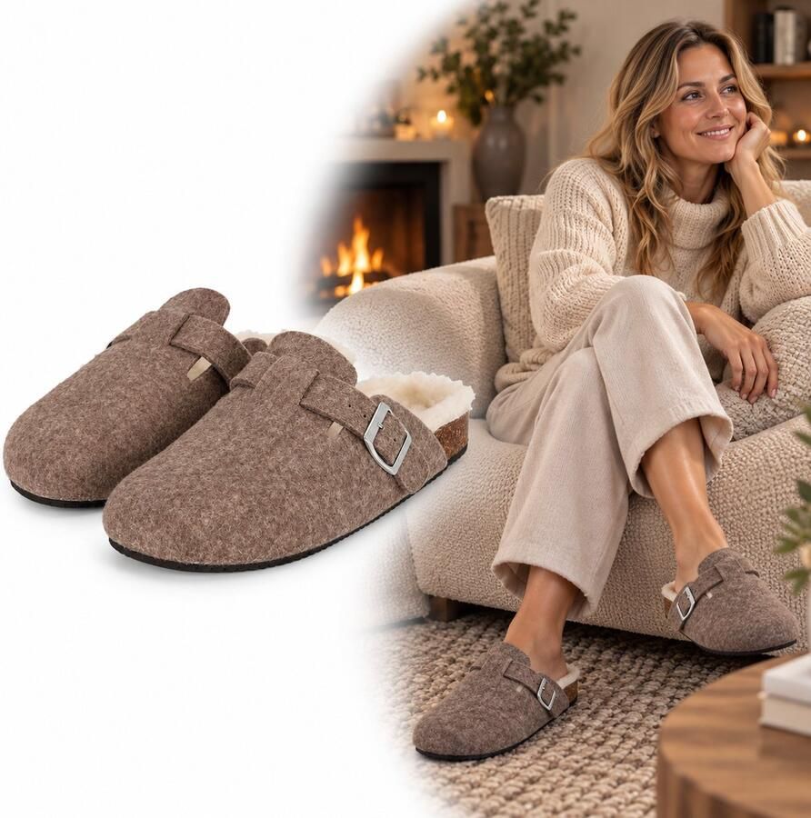 Heat Essentials Sloffen Dames Vilt Gesp Taupe 40 Pantoffels Dames -Instap Sloffen Dames Boston