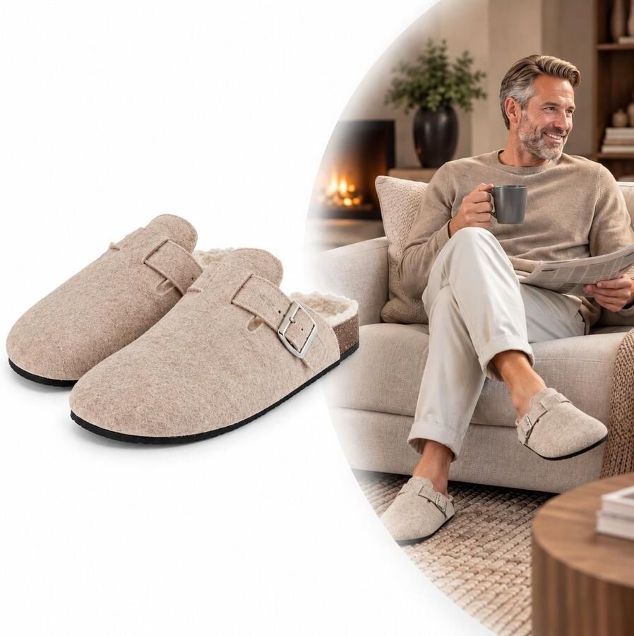 Heat Essentials Sloffen Heren Vilt Gesp Beige 46 Pantoffels Heren -Instap Sloffen Heren Boston