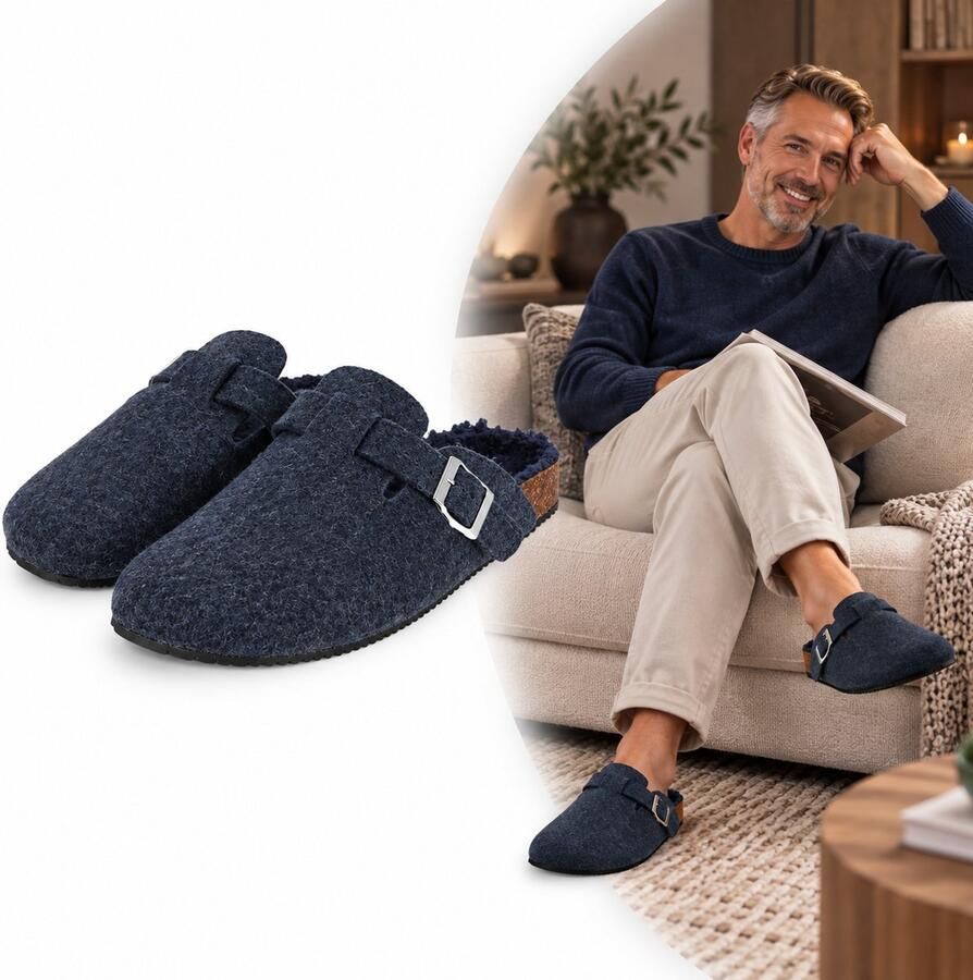 Heat Essentials Sloffen Heren Vilt Gesp Denim Blauw 42 Pantoffels Heren -Instap Sloffen Heren Boston