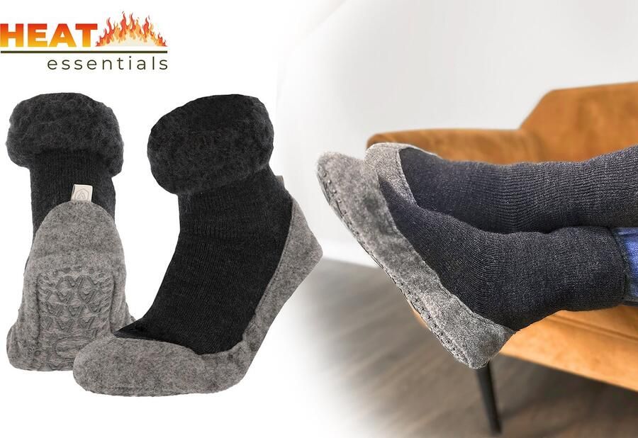 Heat Essentials Wollen Pantoffel Sokken Antraciet 37 38 Pantoffels Dames Sloffen Dames Unisex Antislip Sokken Huissokken - Foto 2