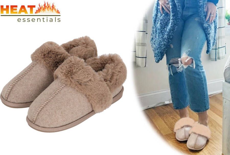 Heat Essentials Instap Sloffen Dames Vilt Taupe| |Dames Pantoffels Dames Sloffen Spaanse Sloffen Texelse Wollen Sloffen