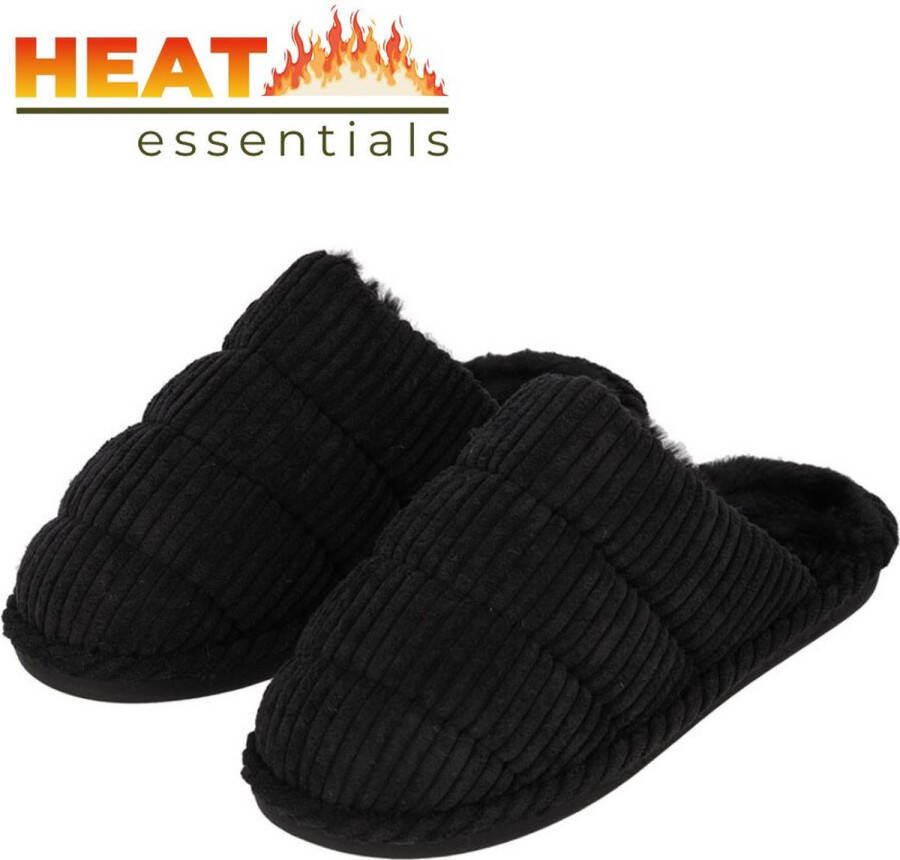 Heat Essentials Pantoffels Dames 37 38 Zwart- Corduroy Sloffen Dames 38 Gewatteerde Corduroy Pantoffels Dames