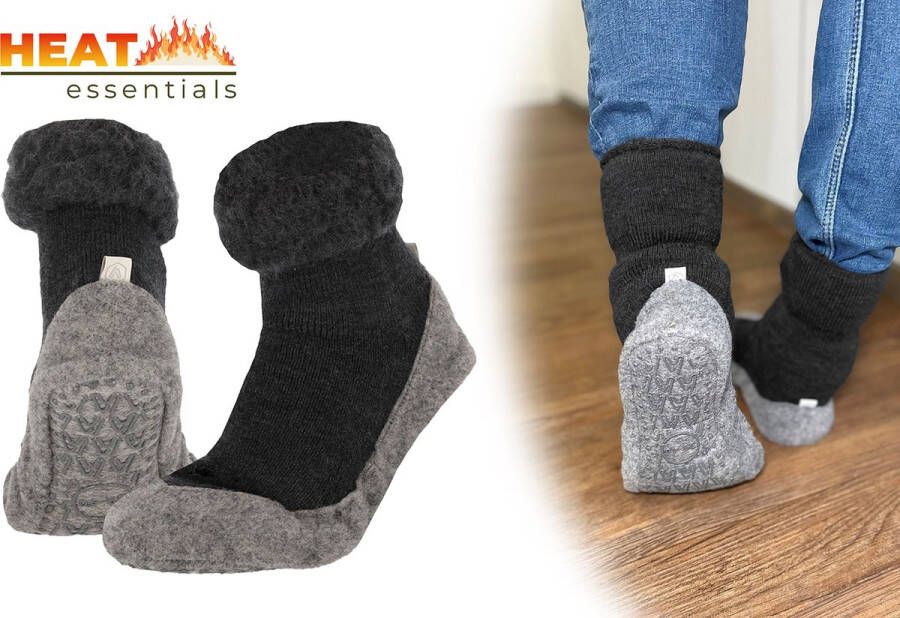 Heat Essentials Wollen Pantoffel Sokken Antraciet 43 44 Pantoffels Heren Sloffen Heren Unisex Antislip Sokken Huissokken