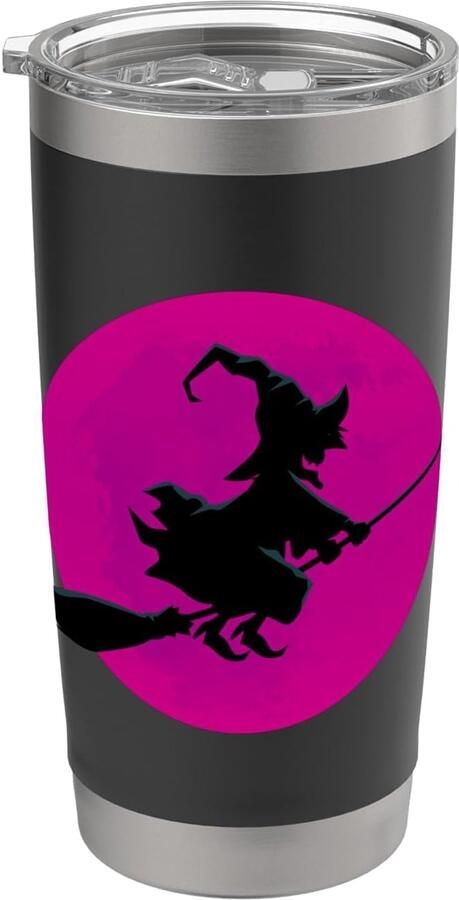 Heks op Bezem met Maanontwerp voor Halloween Dubbelwandige Thermobeker
