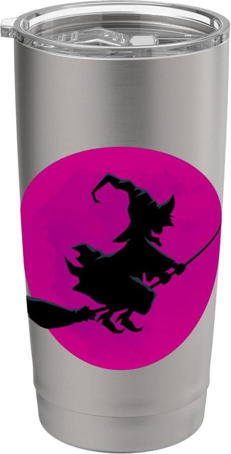 Heks op Bezem met Maanontwerp voor Halloween Dubbelwandige Thermobeker