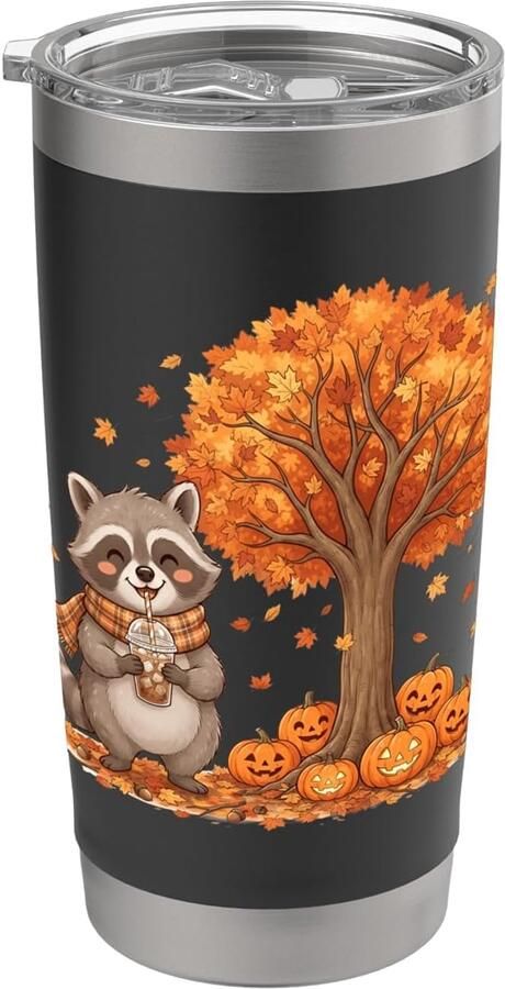 Herfst-koffiebeker met pompoen en ahornbladeren