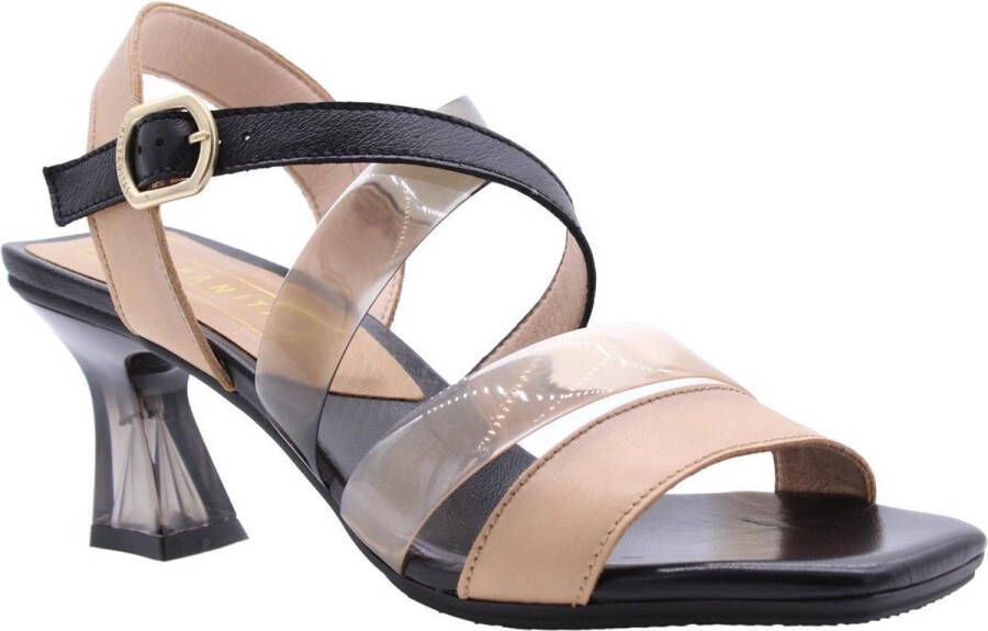 Hispanitas Beige en Zwart T-Strap Hoge Hak Sandalen Beige Dames