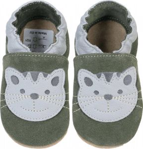 Hobea Olijfkleurige suede babyslofjes van met kat