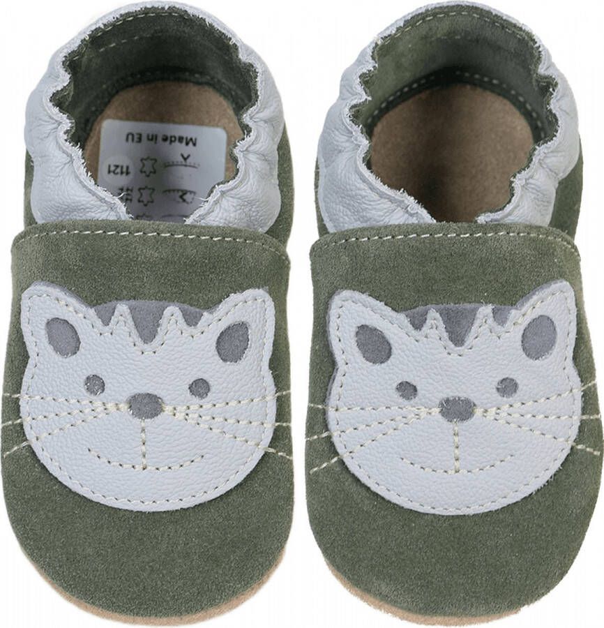 Hobea Olijfkleurige suede babyslofjes van met Kat