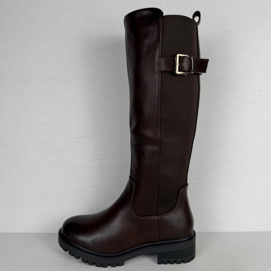 Hoge leatherlook laarzen met elastiek en gesp zwart (Verkrijgbaar t m Zwart