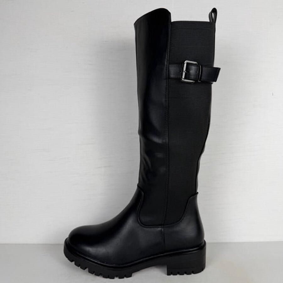 Hoge leatherlook laarzen met elastiek en gesp zwart (Verkrijgbaar t m Zwart