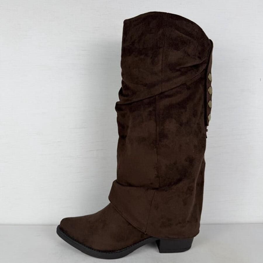 Hoge suèdine cowboylaarzen met slouchy flap en knoopjes bruin