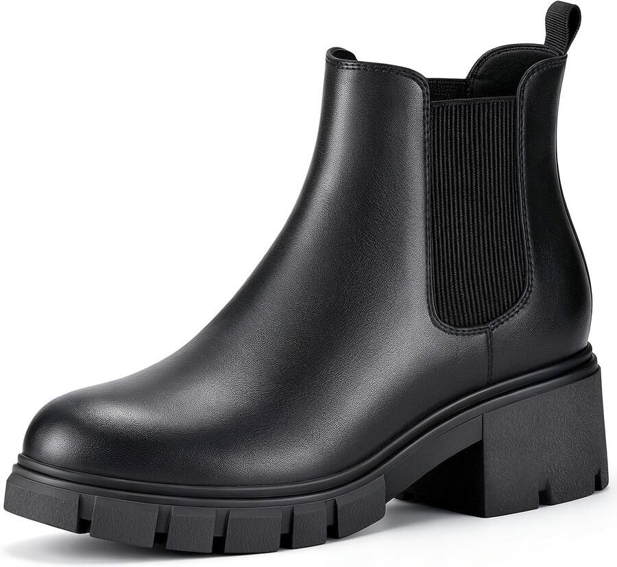 Homaxy Dames chelsea enkellaarsjes PU chelsea boots dames met Plateauzool Elastische zijkant Ronde Neus Zwart 40.5 Geschikt voor voetlengte van