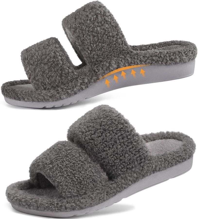 Homaxy Dames pluche slippers open teen slippers Comfortabele slippers huisslippers met boogondersteuning grijs 38 geschikt voor voetlengte