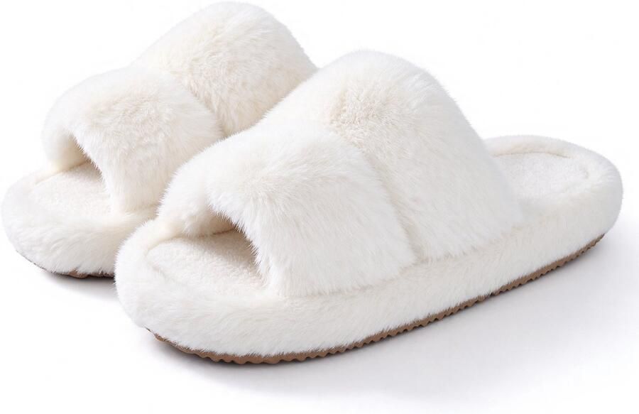 Homaxy Dames pluche slippers open teen slippers zachte en comfortabele huisslippers wit 38-39 geschikt voor voetlengte