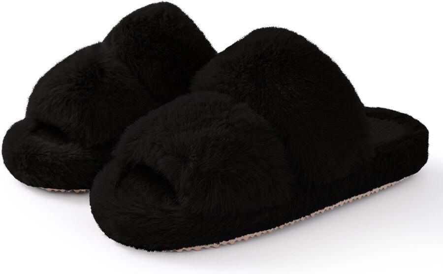 Homaxy Dames pluche slippers open teen slippers zachte en comfortabele huisslippers zwart 38-39 geschikt voor voetlengte