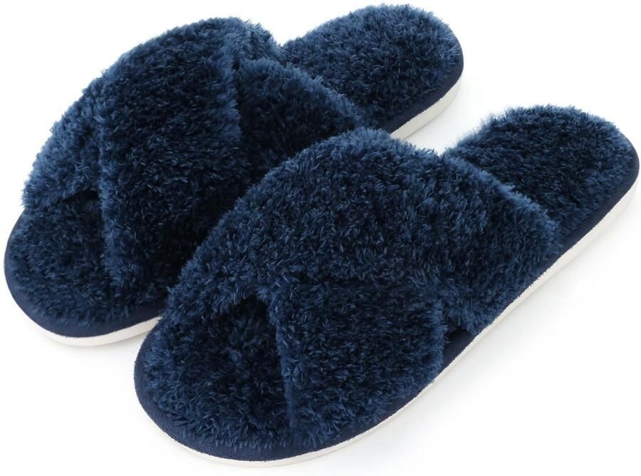 Homaxy Dames pluche slippers Warme pantoffels kruisbandsloffen voor warmte open teen huisslippers donkerblauw 43-44 geschikt voor een voetlengte van