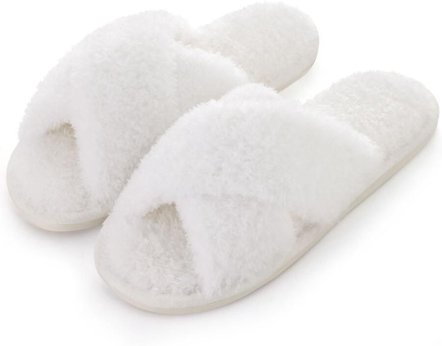 Homaxy Dames pluche slippers Warme pantoffels kruisbandsloffen voor warmte open teen huisslippers wit 37-38 geschikt voor een voetlengte van