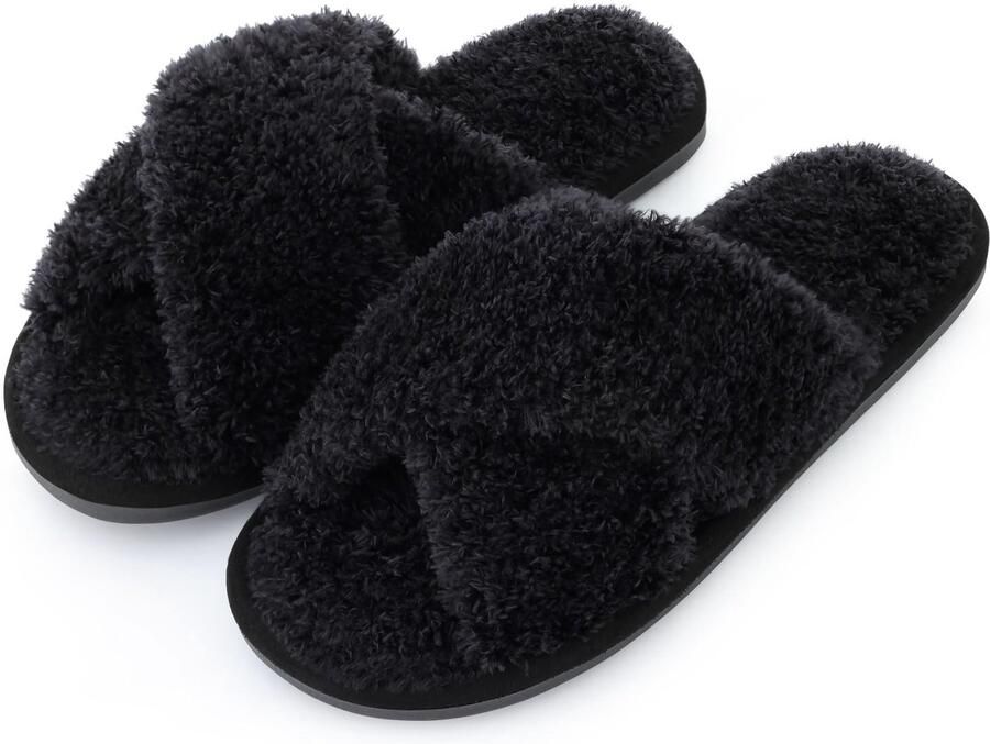Homaxy Dames pluche slippers Warme pantoffels kruisbandsloffen voor warmte open teen huisslippers zwart 43-44 geschikt voor een voetlengte van