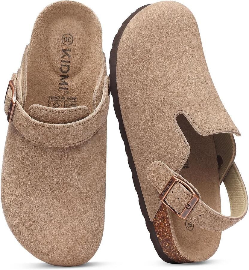 Homaxy Genuine Suede Clogs Cork Footbed Sandals -Casual Houes Slippers Arch Support -Abrikooskleurig