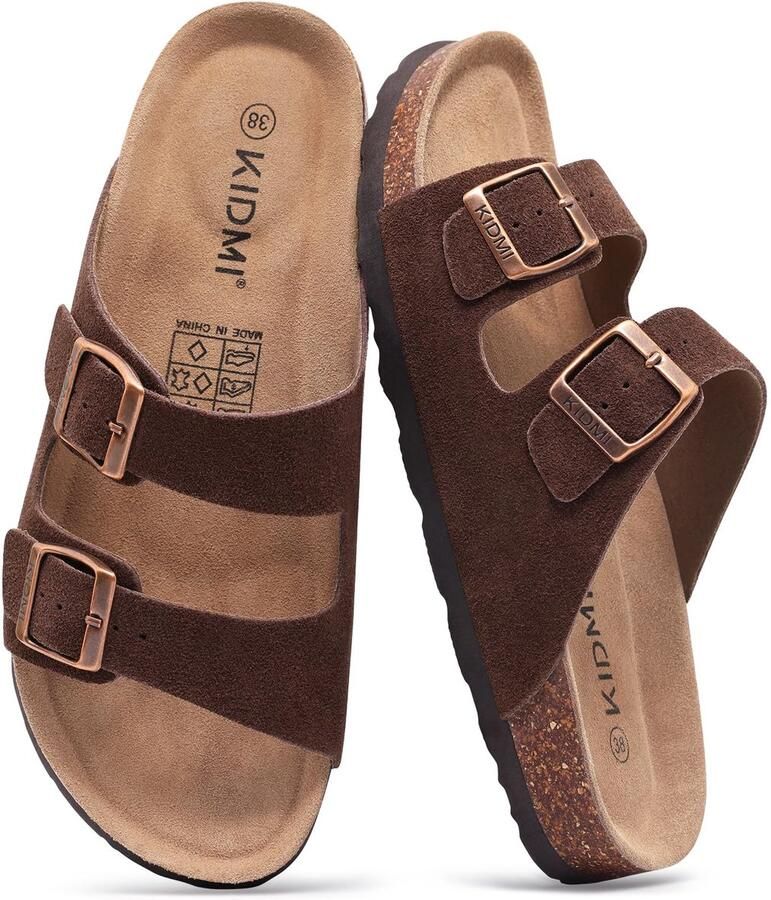 Homaxy Suède Dames Slippers- Houten Clogs Damesslippers met kurken voetbed -Comfort Slippers Roodbruin 36 Geschikt voor een voetlengte van