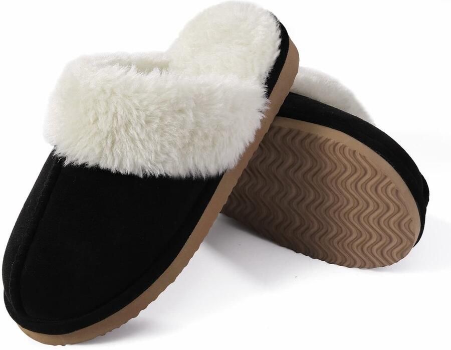 Homaxy Pantoffels Dames Suède Zachte Winterpantoffels Fluffy Open Sloffen met Pluche Voering Zwart 40-41 Geschikt voor een voetlengte van