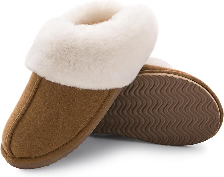 Homaxy Pantoffels Dames Suède Zachte Winterpantoffels Fluffy Open Sloffen met Pluche Voering Khaki 36-37 Geschikt voor een voetlengte van