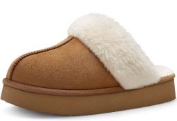 Homaxy Pantoffels Dames Suède Zachte Winterpantoffels Fluffy Open Sloffen met Pluche Voering Dikke zool Khaki 38-39 Geschikt voor voetlengte van